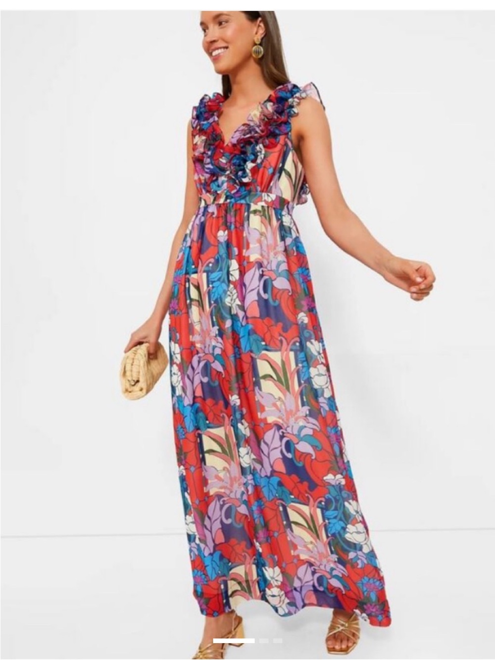Tuckernuck Red Multi Floral Ruffle V-Neck Maxi Dress